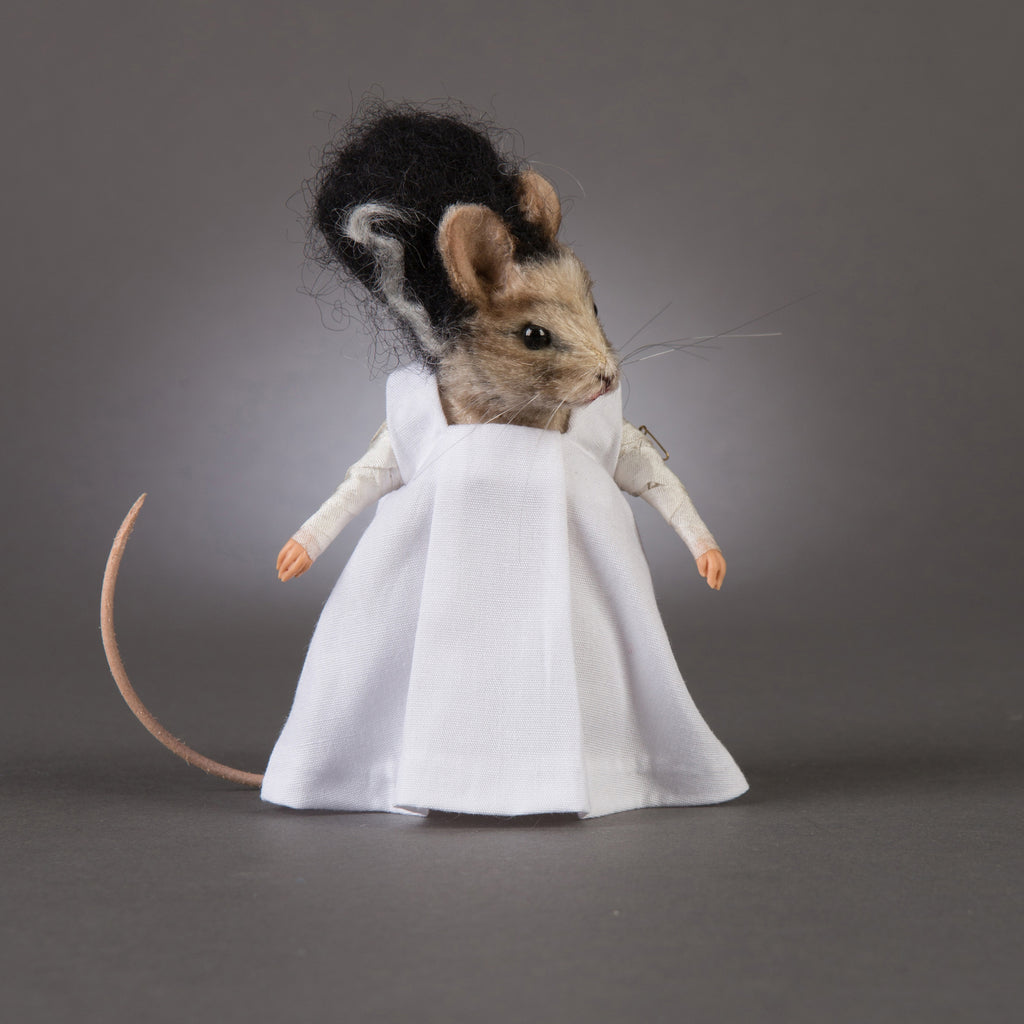 plush mouse doll dressed as the bride of frankenstein